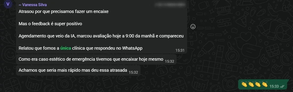 Mensagens de Vanessa Silva sobre um agendamento que veio da IA: marcou avaliação às 9h e compareceu; relatou que fomos a única clínica que respondeu no WhatsApp